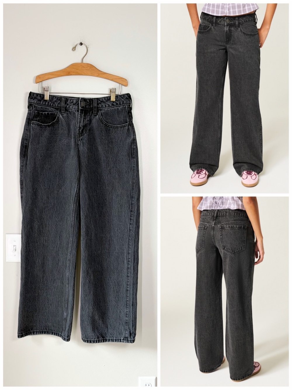 Hollister Low-Rise Washed Black Baggy Jeans Casual Streetwear Wide Leg Denim